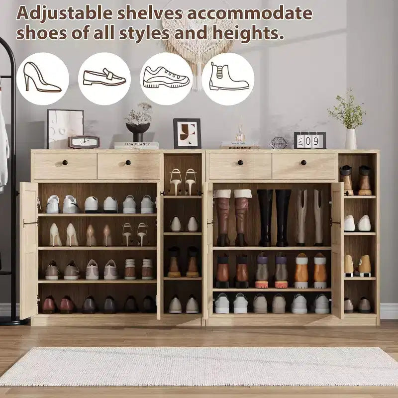 Meuble à Chaussures Acekool - Organiseur Moderne avec Portes, Étagères Réglables pour Entrée, Peut Contenir 18 à 24 Paires, Naturel