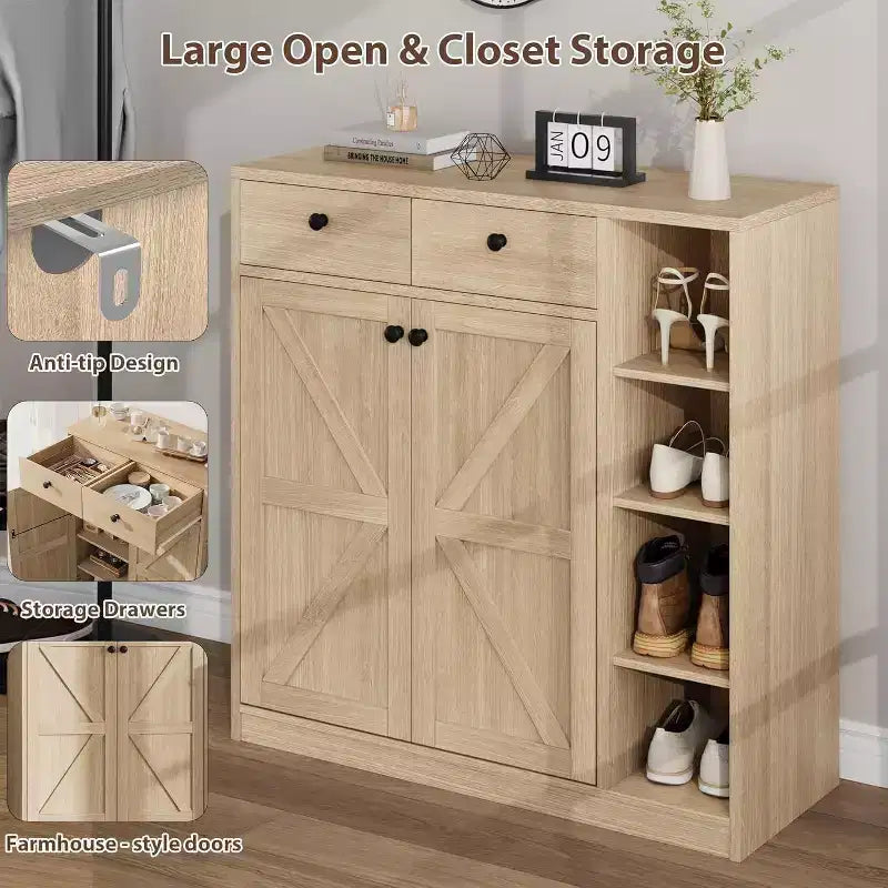Meuble à Chaussures Acekool - Organiseur Moderne avec Portes, Étagères Réglables pour Entrée, Peut Contenir 18 à 24 Paires, Naturel