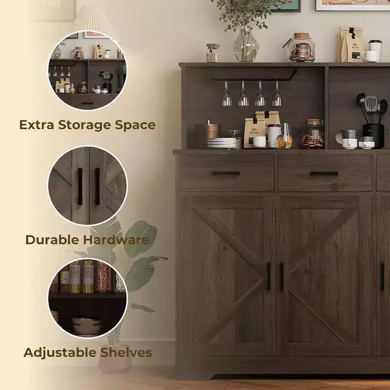 Buffet de salle à manger 59" style ferme avec portes de grange, 3 tiroirs et étagères, support pour micro-ondes, rangement moderne pour cuisine ou salle à manger