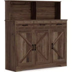 Buffet de salle à manger 59" style ferme avec portes de grange, 3 tiroirs et étagères, support pour micro-ondes, rangement moderne pour cuisine ou salle à manger