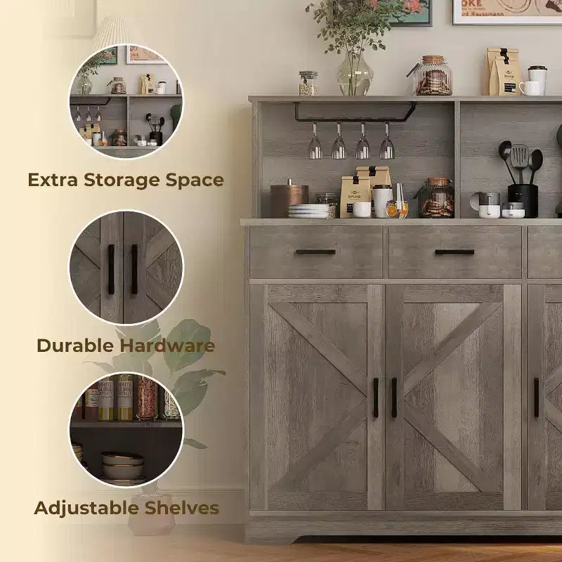 Buffet de salle à manger 59" style ferme avec portes de grange, 3 tiroirs et étagères, support pour micro-ondes, rangement moderne pour cuisine ou salle à manger