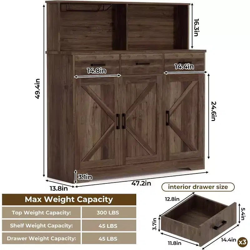 Buffet de salle à manger 59" style ferme avec portes de grange, 3 tiroirs et étagères, support pour micro-ondes, rangement moderne pour cuisine ou salle à manger