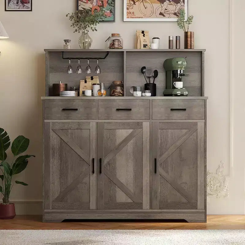 Buffet de salle à manger 59" style ferme avec portes de grange, 3 tiroirs et étagères, support pour micro-ondes, rangement moderne pour cuisine ou salle à manger