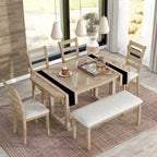 Ensemble de salle à manger 6 places avec plateau de table effet bois, ensemble de table de cuisine avec chaises et banc