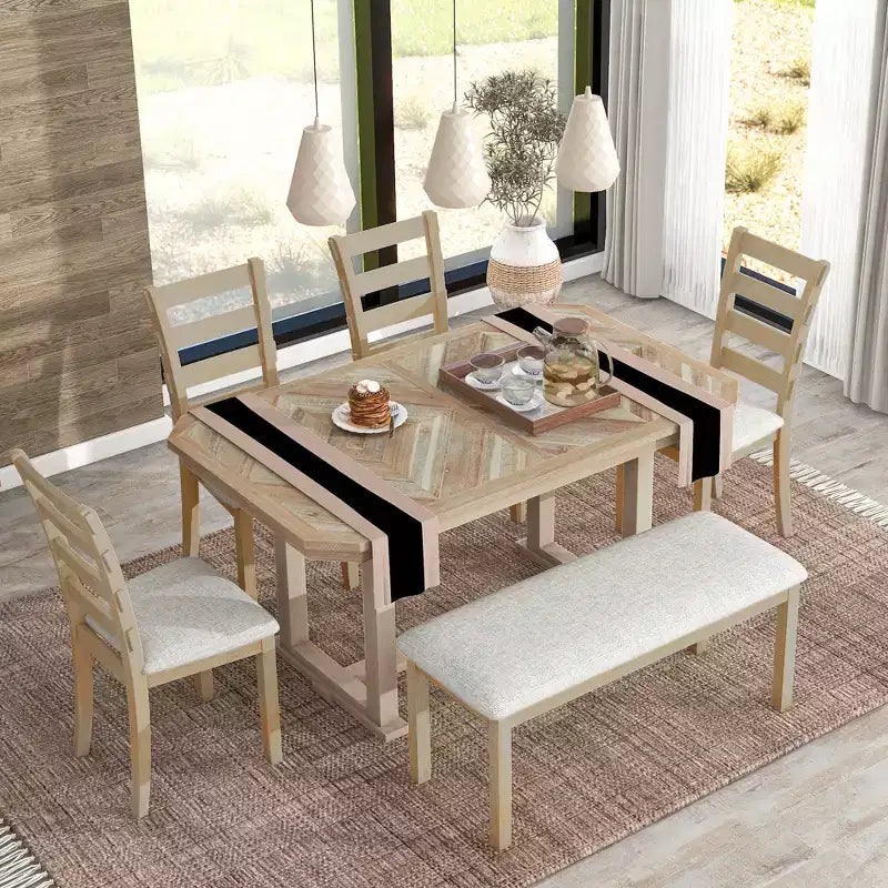 Ensemble de salle à manger 6 places avec plateau de table effet bois, ensemble de table de cuisine avec chaises et banc
