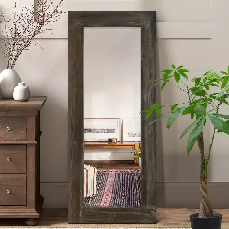 Miroir pleine longueur rectangulaire marron à bords larges en bois massif de 58x24 pouces, à angle droit et creux (sans support)