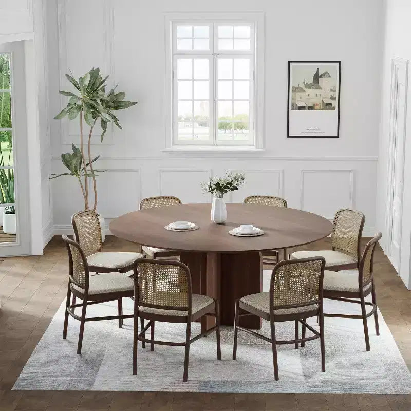 PexFix Table à manger ronde en bois massif de 59 x 59 cm avec finition noyer et pieds arqués élégants pour salles à manger et cuisines modernes