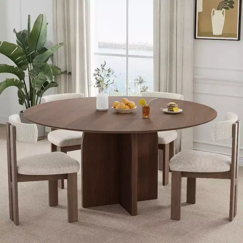 PexFix Table à manger ronde en bois massif de 59 x 59 cm avec finition noyer et pieds arqués élégants pour salles à manger et cuisines modernes