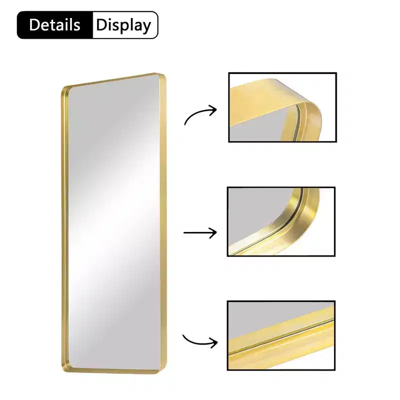 Miroir pleine longueur rectangulaire arrondi en alliage d'aluminium doré de 71x28 pouces (miroir profond - sans support)