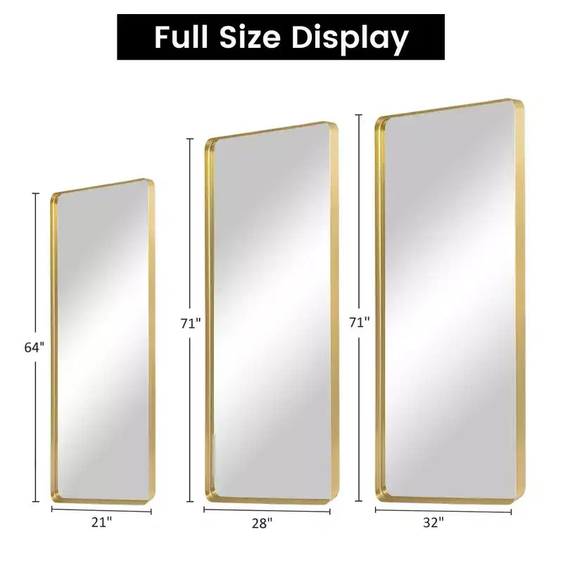 Miroir pleine longueur rectangulaire arrondi en alliage d'aluminium doré de 71x28 pouces (miroir profond - sans support)
