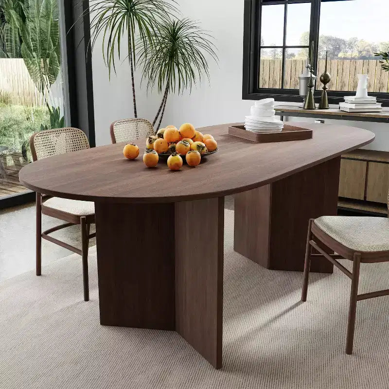 PexFix 67 x 33.5 Table de salle à manger de style ferme en bois massif avec pieds en V et plateau ovale en bois pour salles à manger modernes et réunions de famille Noyer