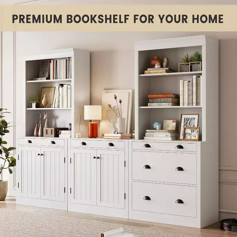Bibliothèque moderne Acekool avec 3 tiroirs et 3 étagères, meuble de rangement blanc, base large, sécurité anti-basculement, pour salon, chambre, bureau