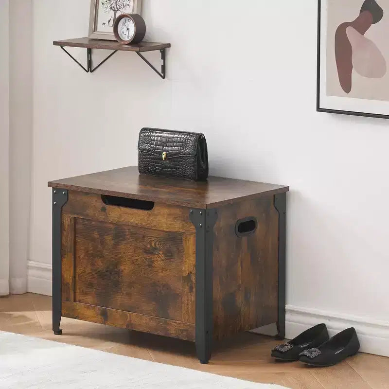 TROPOW Coffre avec couvercle, Coffre de rangement en bois, Banc de rangement avec charnières de sécurité, Cadre en métal, Banc à chaussures, Rangement, Marron