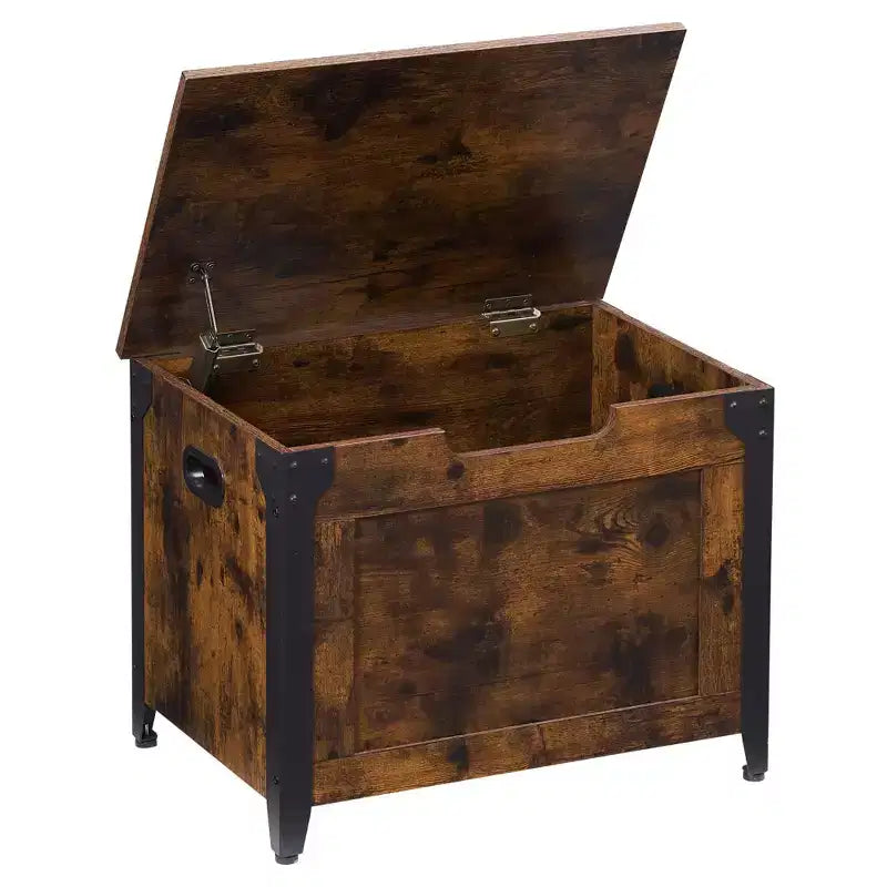 TROPOW Coffre avec couvercle, Coffre de rangement en bois, Banc de rangement avec charnières de sécurité, Cadre en métal, Banc à chaussures, Rangement, Marron