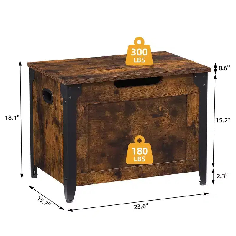 TROPOW Coffre avec couvercle, Coffre de rangement en bois, Banc de rangement avec charnières de sécurité, Cadre en métal, Banc à chaussures, Rangement, Marron