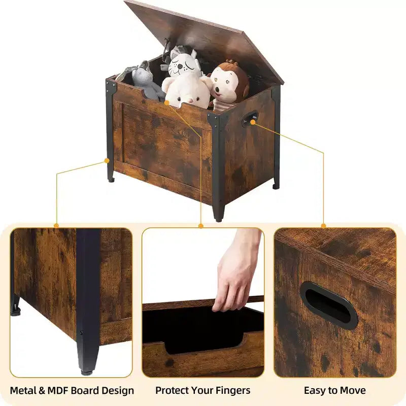 TROPOW Coffre avec couvercle, Coffre de rangement en bois, Banc de rangement avec charnières de sécurité, Cadre en métal, Banc à chaussures, Rangement, Marron