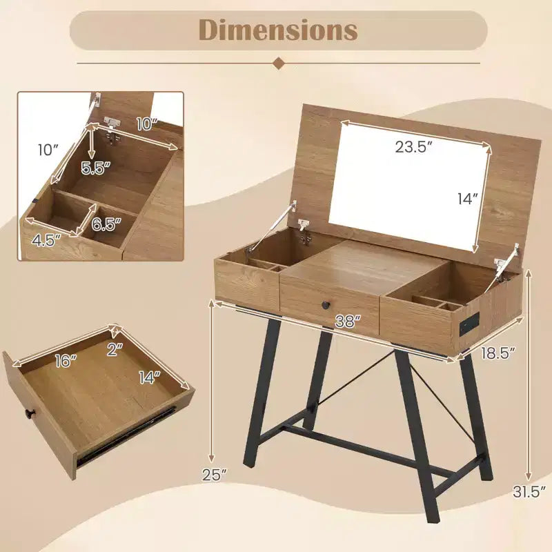 Coiffeuse Costway avec Miroir Rabattable Table de Maquillage avec Prises de Courant et Tiroir