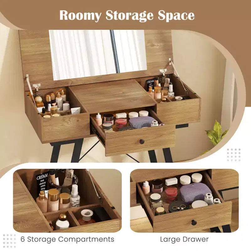 Coiffeuse Costway avec Miroir Rabattable Table de Maquillage avec Prises de Courant et Tiroir
