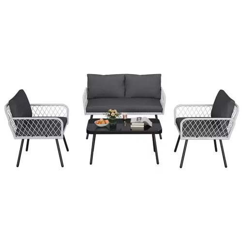 4-Piece Wicker Outdoor Furniture Set,Patio Sectional Sofa with Handmade Rattan and Metal Frame,with Coffee Table for Backyard,Garden and Poolside
