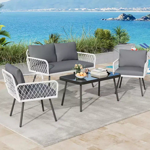 Ensemble de meubles d'extérieur en osier 4 pièces, canapé d'angle de patio avec rotin et cadre en métal faits à la main, avec table basse pour jardin, arrière-cour et bord de piscine