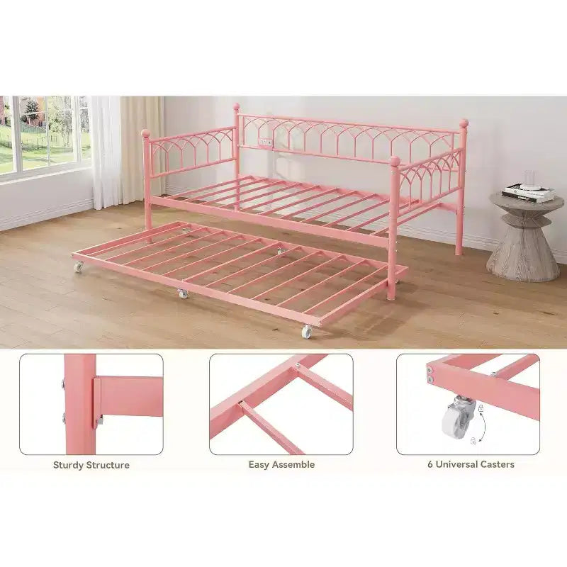 Lit de repos double avec lit gigogne, avec station de recharge et lumières LED, cadre de lit de jour en métal avec lit gigogne coulissant pour salon, chambre à coucher, chambre d'amis, appartement