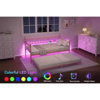 Lit de repos double avec lit gigogne, avec station de recharge et lumières LED, cadre de lit de jour en métal avec lit gigogne coulissant pour salon, chambre à coucher, chambre d'amis, appartement