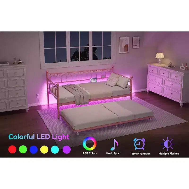Lit de repos double avec lit gigogne, avec station de recharge et lumières LED, cadre de lit de jour en métal avec lit gigogne coulissant pour salon, chambre à coucher, chambre d'amis, appartement
