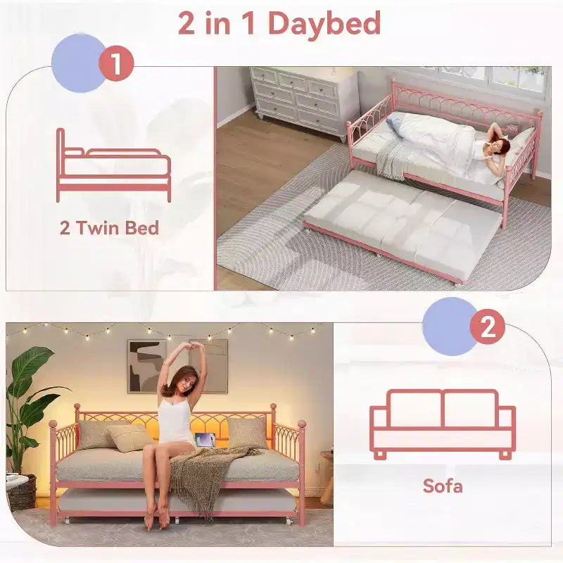 Lit de repos double avec lit gigogne, avec station de recharge et lumières LED, cadre de lit de jour en métal avec lit gigogne coulissant pour salon, chambre à coucher, chambre d'amis, appartement