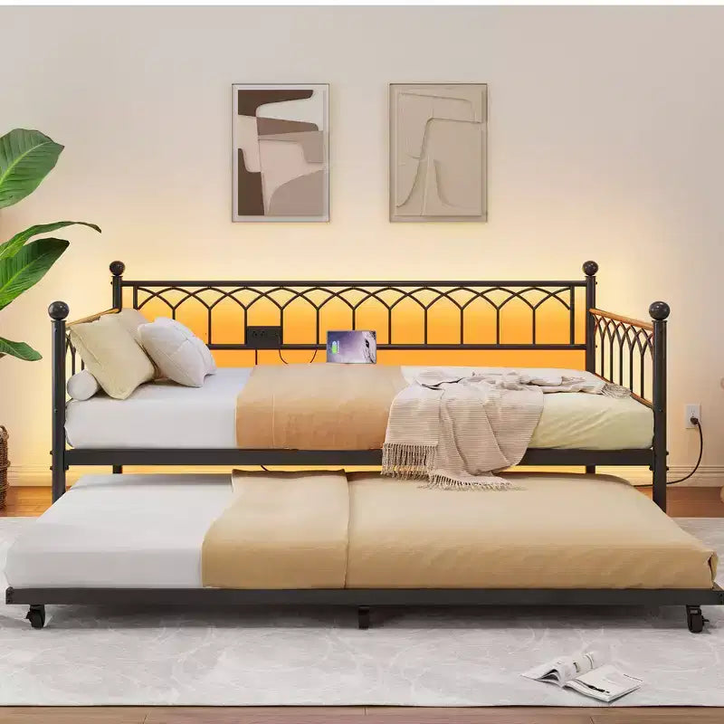 Lit de repos double avec lit gigogne, avec station de recharge et lumières LED, cadre de lit de jour en métal avec lit gigogne coulissant pour salon, chambre à coucher, chambre d'amis, appartement