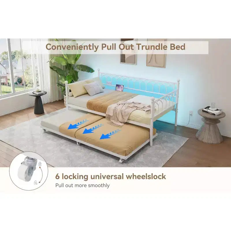 Lit de repos double avec lit gigogne, avec station de recharge et lumières LED, cadre de lit de jour en métal avec lit gigogne coulissant pour salon, chambre à coucher, chambre d'amis, appartement