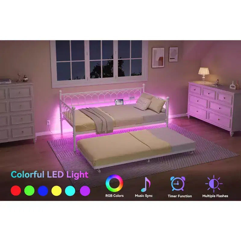 Lit de repos double avec lit gigogne, avec station de recharge et lumières LED, cadre de lit de jour en métal avec lit gigogne coulissant pour salon, chambre à coucher, chambre d'amis, appartement