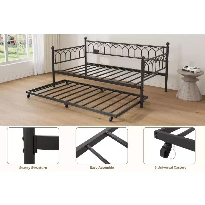 Lit de repos double avec lit gigogne, avec station de recharge et lumières LED, cadre de lit de jour en métal avec lit gigogne coulissant pour salon, chambre à coucher, chambre d'amis, appartement