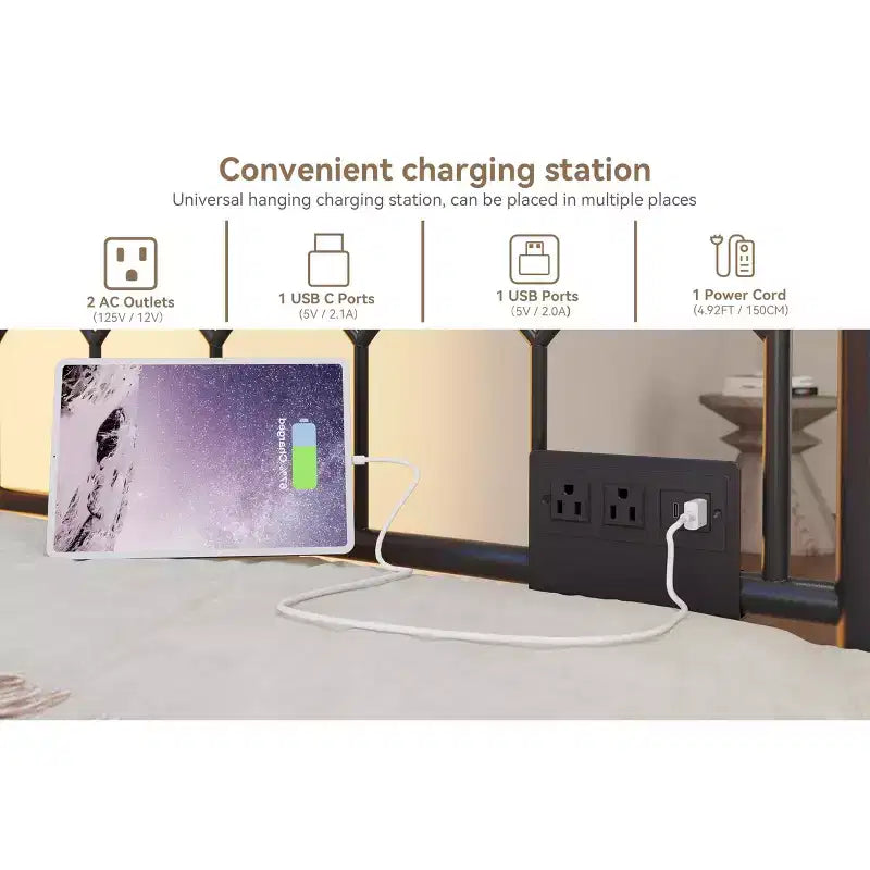 Lit de repos double avec lit gigogne, avec station de recharge et lumières LED, cadre de lit de jour en métal avec lit gigogne coulissant pour salon, chambre à coucher, chambre d'amis, appartement