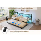 Lit de repos double avec lit gigogne, avec station de recharge et lumières LED, cadre de lit de jour en métal avec lit gigogne coulissant pour salon, chambre à coucher, chambre d'amis, appartement
