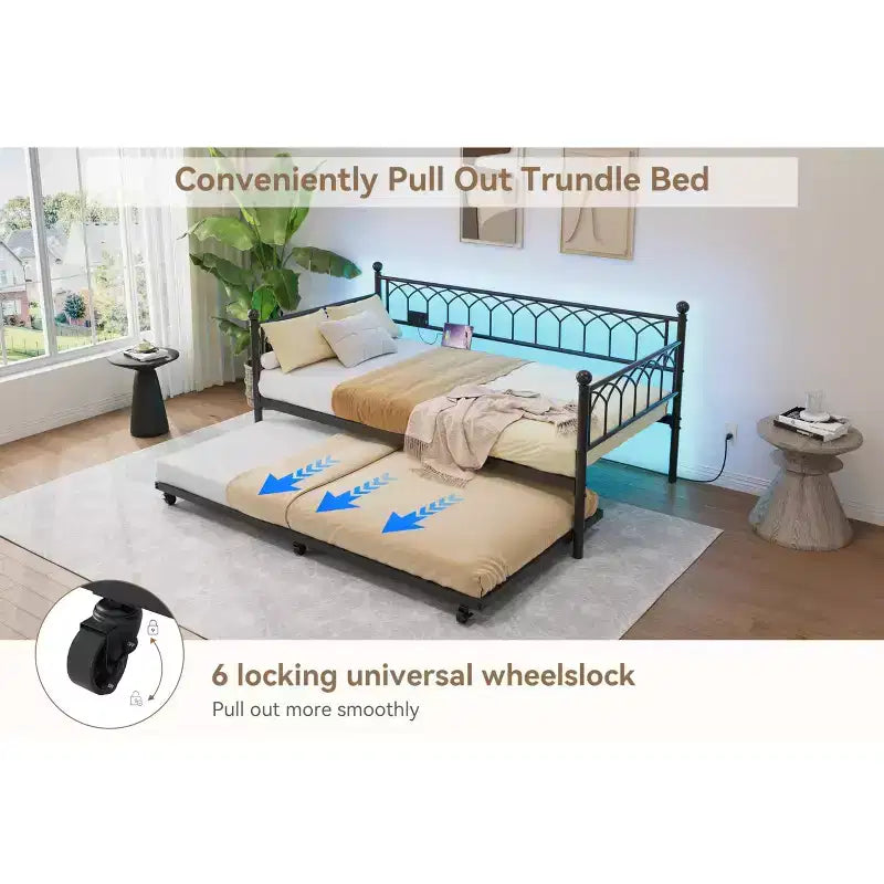 Lit de repos double avec lit gigogne, avec station de recharge et lumières LED, cadre de lit de jour en métal avec lit gigogne coulissant pour salon, chambre à coucher, chambre d'amis, appartement