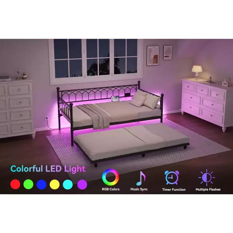 Lit de repos double avec lit gigogne, avec station de recharge et lumières LED, cadre de lit de jour en métal avec lit gigogne coulissant pour salon, chambre à coucher, chambre d'amis, appartement