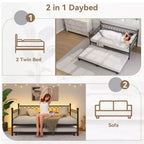 Lit de repos double avec lit gigogne, avec station de recharge et lumières LED, cadre de lit de jour en métal avec lit gigogne coulissant pour salon, chambre à coucher, chambre d'amis, appartement