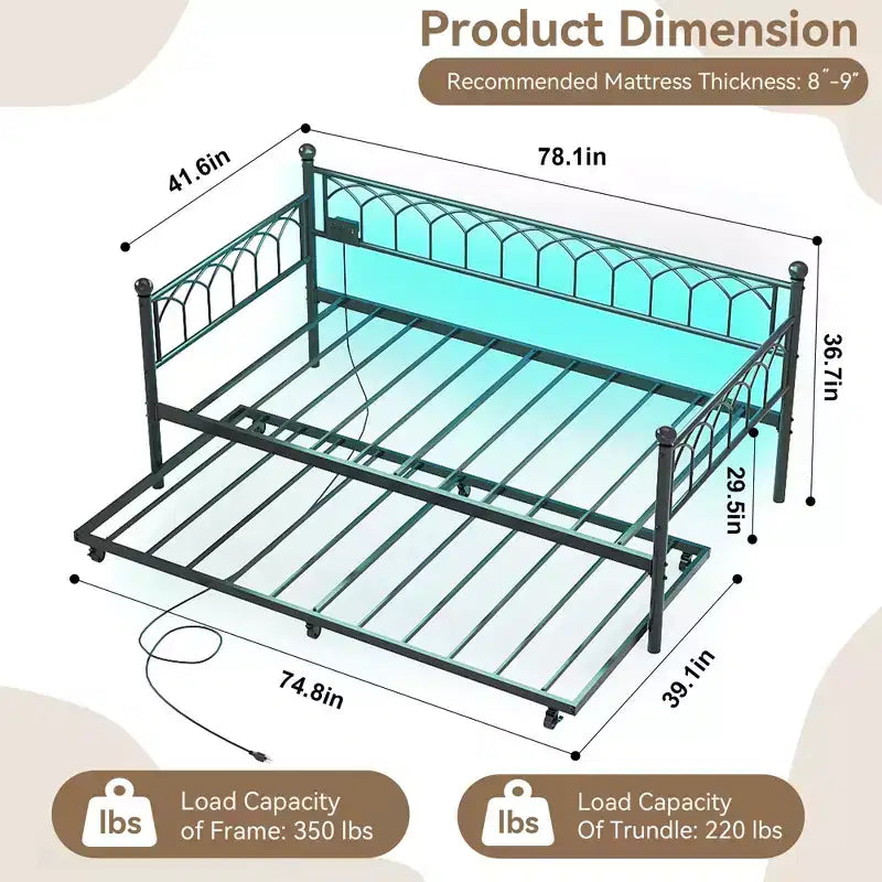 Lit de repos double avec lit gigogne, avec station de recharge et lumières LED, cadre de lit de jour en métal avec lit gigogne coulissant pour salon, chambre à coucher, chambre d'amis, appartement