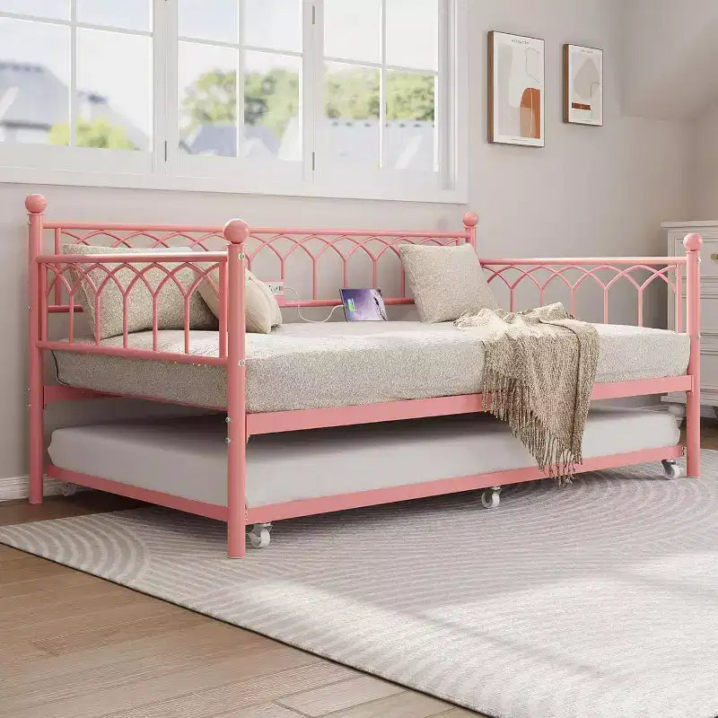 Lit de repos double avec lit gigogne, avec station de recharge et lumières LED, cadre de lit de jour en métal avec lit gigogne coulissant pour salon, chambre à coucher, chambre d'amis, appartement