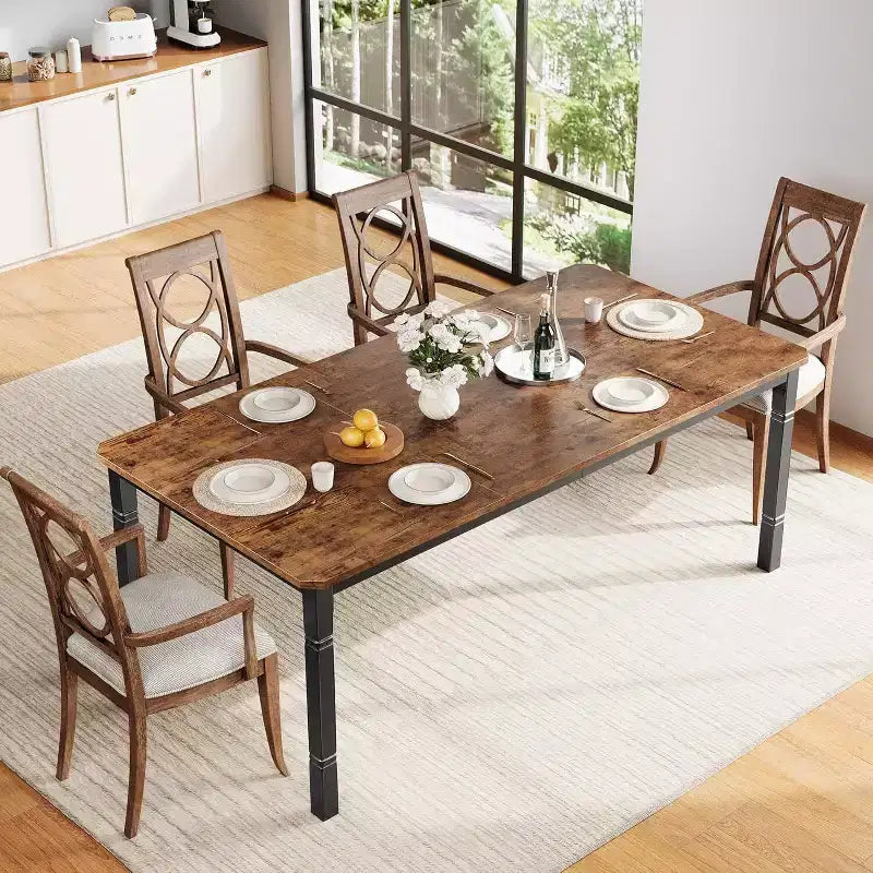 Grande table à manger industrielle de 198 cm pour 6 personnes avec pieds en métal robustes et coins chanfreinés pour salle à manger, cuisine et salon