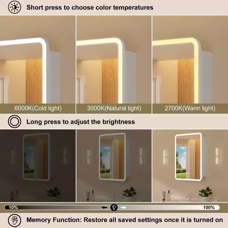 Armoire à pharmacie miroir à LED, montage en saillie ou encastré, éclairage à intensité variable 3 couleurs, anti-buée, USB et prise de courant