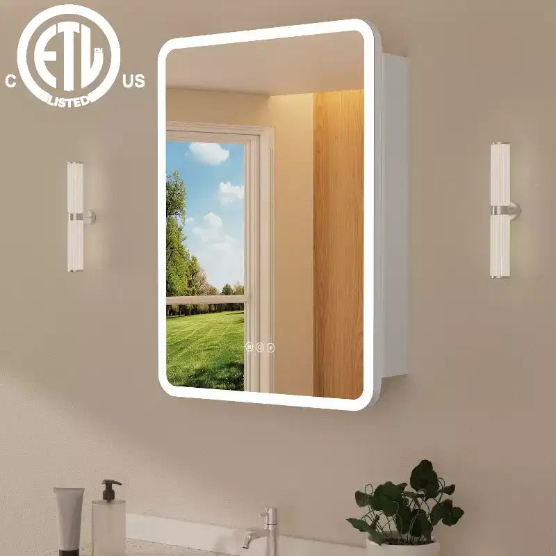 Armoire à pharmacie miroir à LED, montage en saillie ou encastré, éclairage à intensité variable 3 couleurs, anti-buée, USB et prise de courant