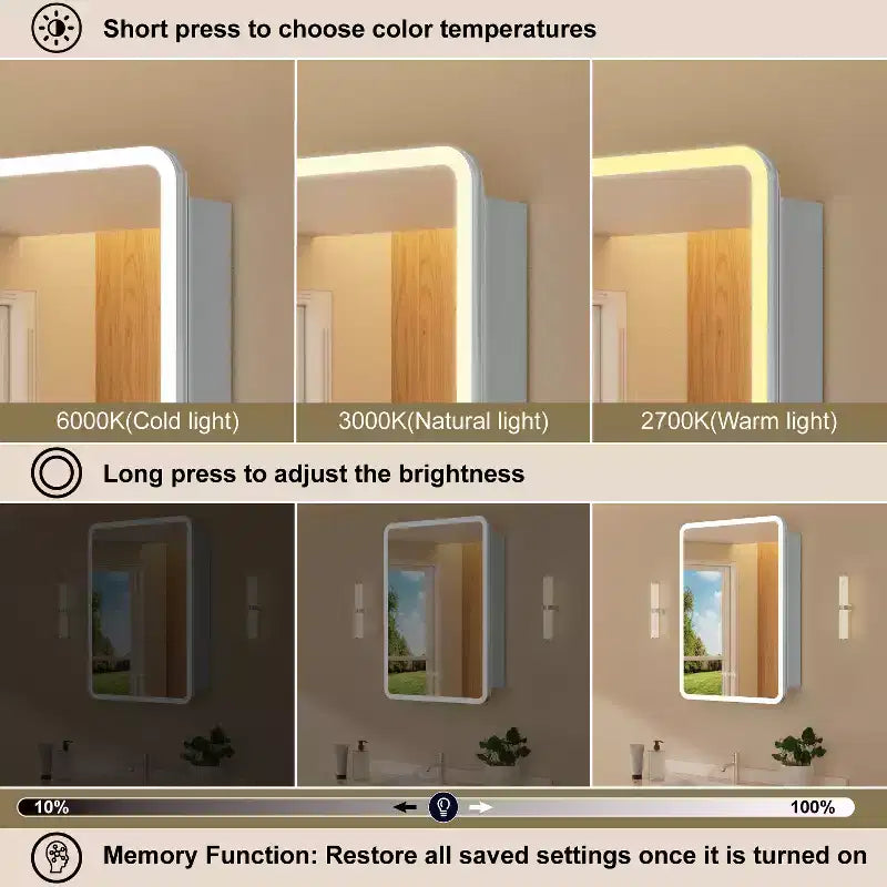 Armoire à pharmacie miroir à LED, montage en saillie ou encastré, éclairage à intensité variable 3 couleurs, anti-buée, USB et prise de courant