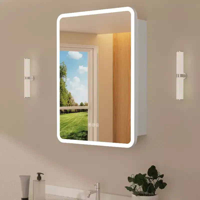 Armoire à pharmacie miroir à LED, montage en saillie ou encastré, éclairage à intensité variable 3 couleurs, anti-buée, USB et prise de courant