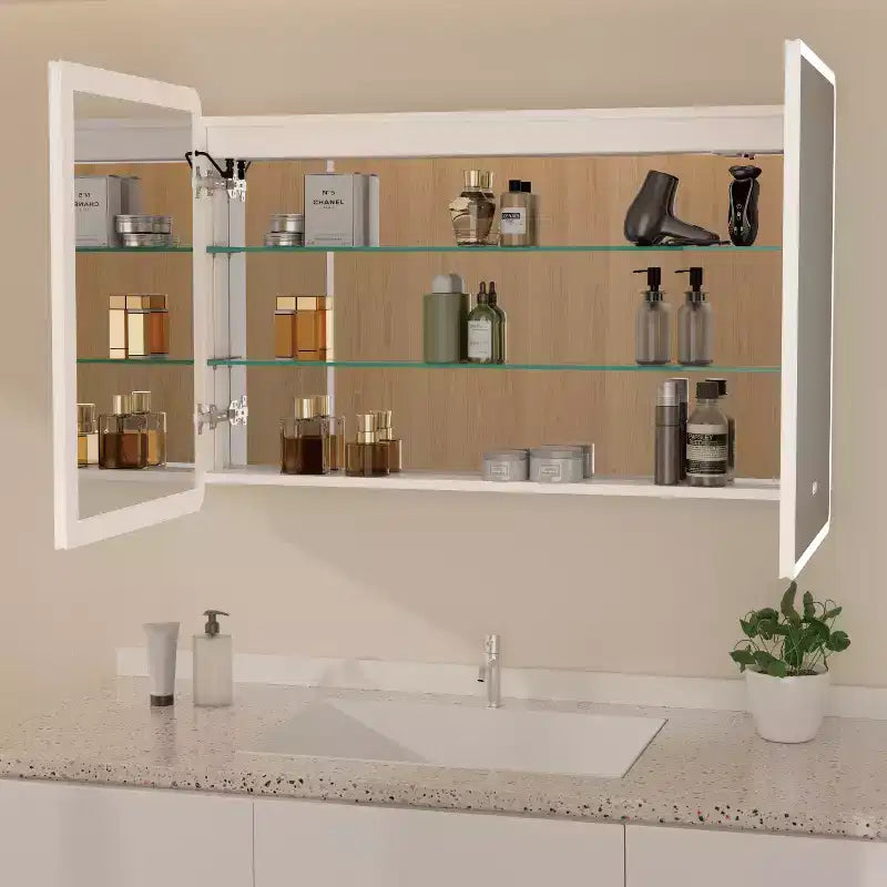 Armoire à pharmacie miroir à LED, montage en saillie ou encastré, éclairage à intensité variable 3 couleurs, anti-buée, USB et prise de courant