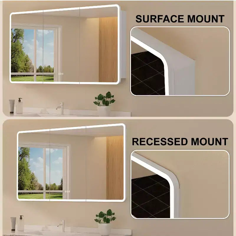 Armoire à pharmacie miroir à LED, montage en saillie ou encastré, éclairage à intensité variable 3 couleurs, anti-buée, USB et prise de courant
