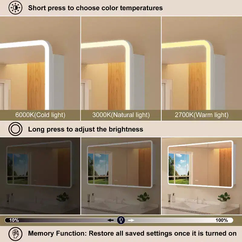 Armoire à pharmacie miroir à LED, montage en saillie ou encastré, éclairage à intensité variable 3 couleurs, anti-buée, USB et prise de courant