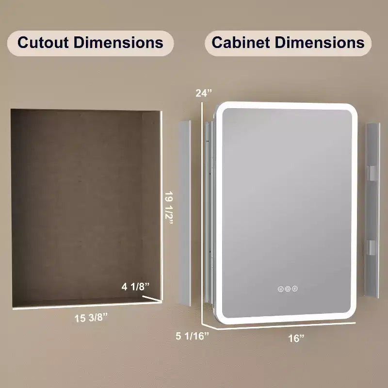 Armoire à pharmacie miroir à LED, montage en saillie ou encastré, éclairage à intensité variable 3 couleurs, anti-buée, USB et prise de courant