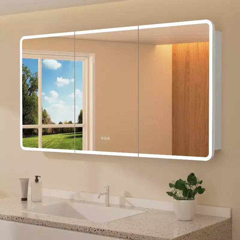 Armoire à pharmacie miroir à LED, montage en saillie ou encastré, éclairage à intensité variable 3 couleurs, anti-buée, USB et prise de courant