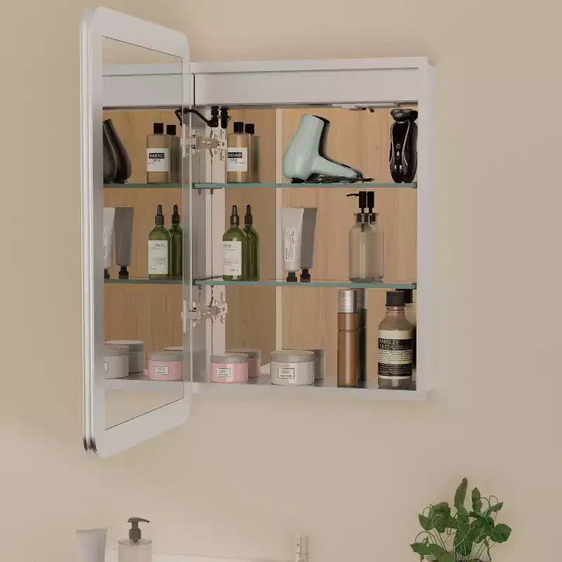 Armoire à pharmacie miroir à LED, montage en saillie ou encastré, éclairage à intensité variable 3 couleurs, anti-buée, USB et prise de courant